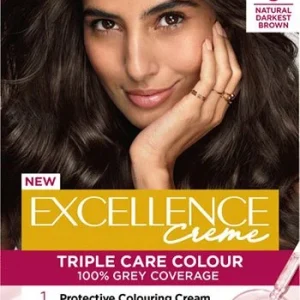 LOREAL PARIS EXCELLENCE CRÈME PERMANENT HAIR DYE, UP TO 100% GREY HAIR COVERAGE, 3 NATURAL DARKEST BROWN