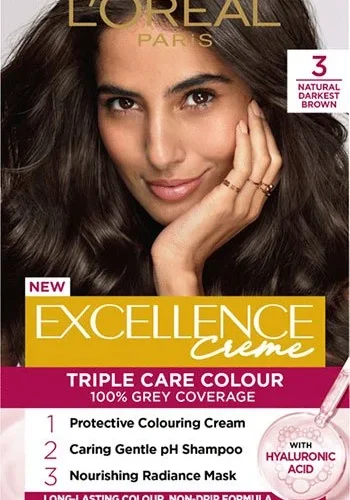 LOREAL PARIS EXCELLENCE CRÈME PERMANENT HAIR DYE, UP TO 100% GREY HAIR COVERAGE, 3 NATURAL DARKEST BROWN