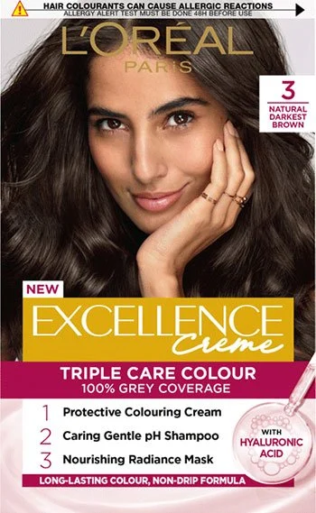 LOREAL PARIS EXCELLENCE CRÈME PERMANENT HAIR DYE, UP TO 100% GREY HAIR COVERAGE, 3 NATURAL DARKEST BROWN